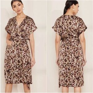 J. Crew Leopard Satin Crepe Wrap Style MIDI Dress Women Size SMALL Pockets